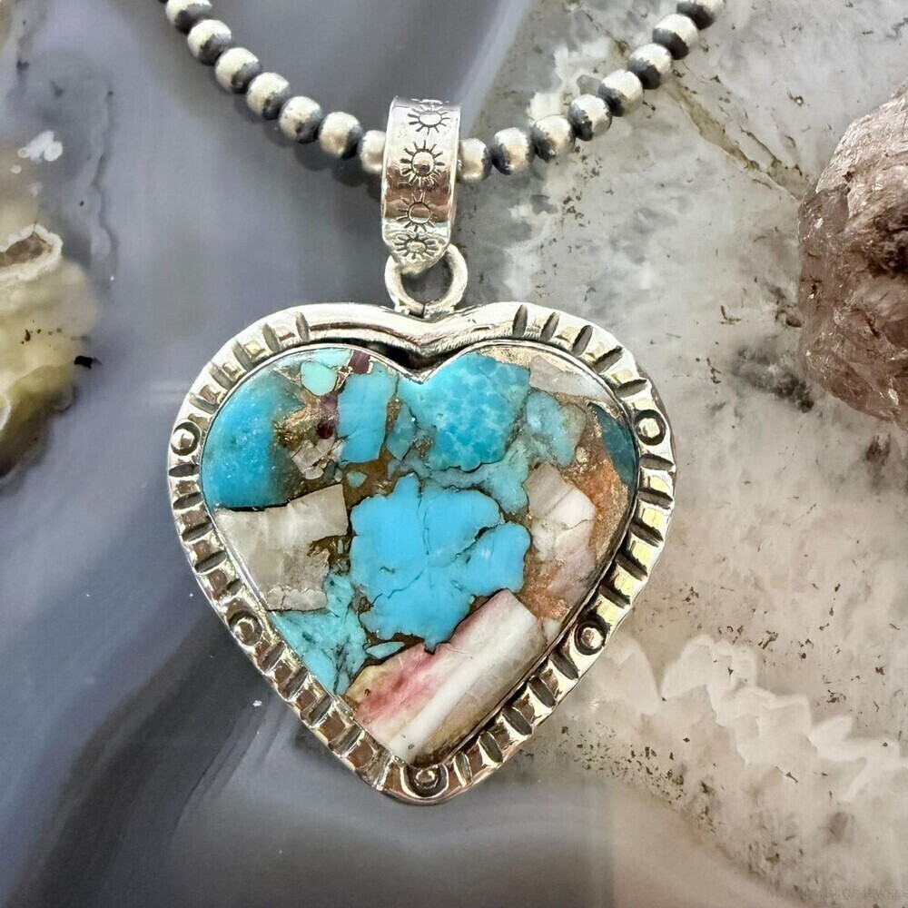 Sterling Southwestern Style Mohave Turquoise Dahlia Heart Pendant For Women